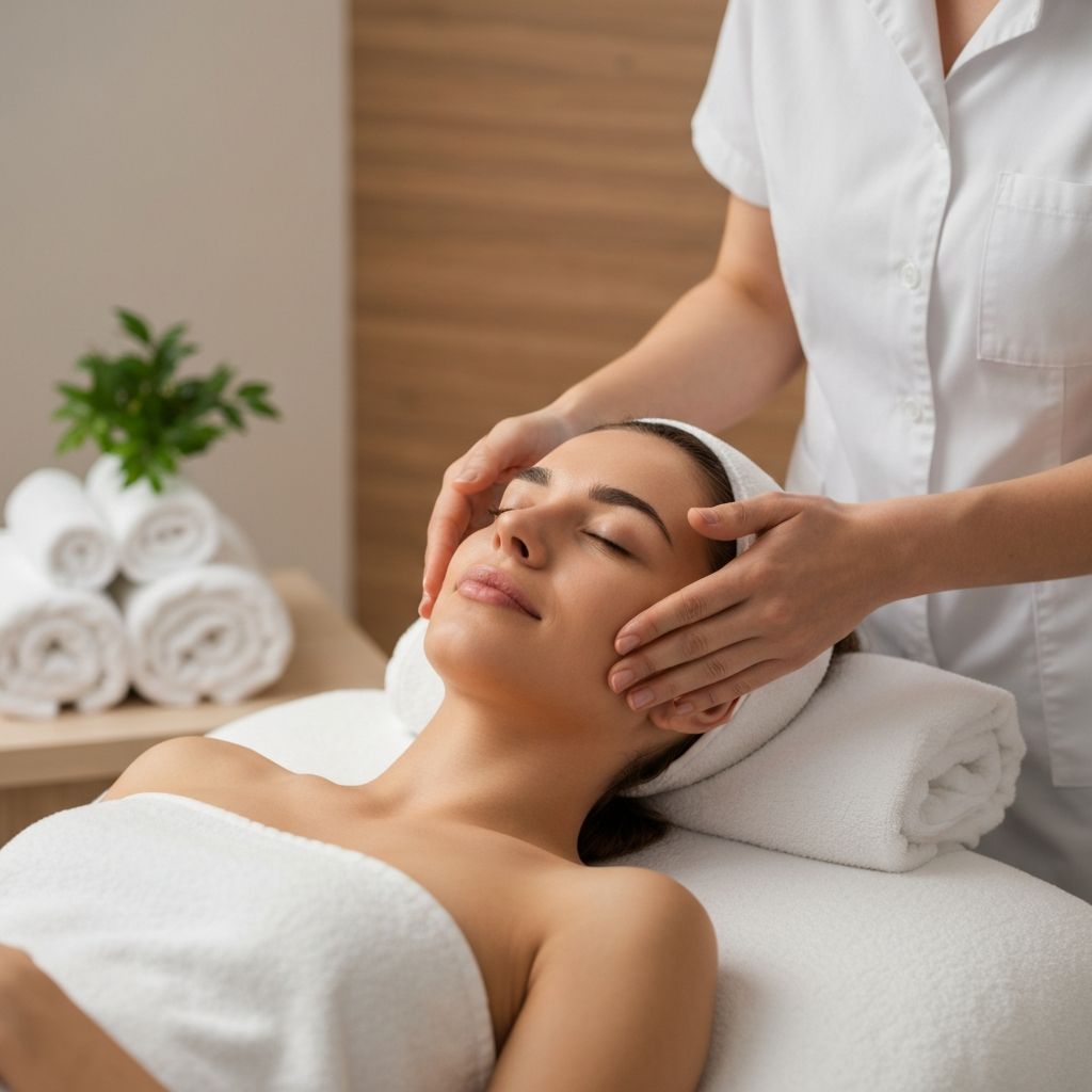 Woman receiving a relaxing spa facial treatment